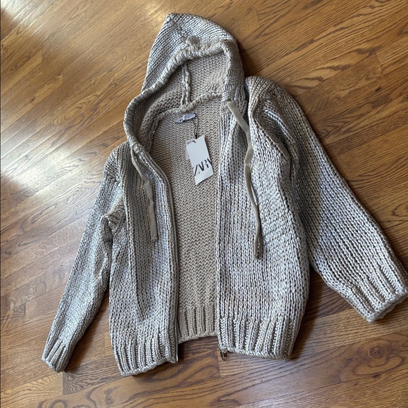 Zara hooded coated knit chunky cardigan sweater jacket sz.M - Picture 11 of 15